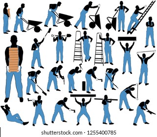 Set of vector silhouettes of worker in costume isolated on white background. Icons of man working and building with different instruments and tools.