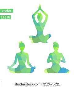 Set of vector silhouettes of yoga women with bright green and blue texture. Meditation in lotus position.