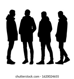 Set vector silhouettes of a young man in a coat, a group of business people standing in various poses, black color isolated on a white background