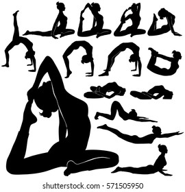 Set of vector silhouettes of young slim woman doing yoga stretching for spine. Icons of yoga positions for spine to make it flexible and strong. Shapes of flexible girl practicing yoga.