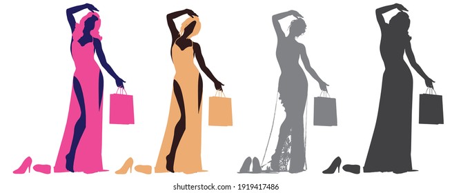 Set of vector silhouettes of young woman with shopping for fashion clothes and accessories