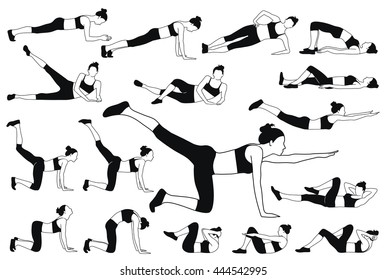 Set of vector silhouettes of young woman in sport dress doing stretching and different fitness exercises down on the floor. Sportive girl vector icons.