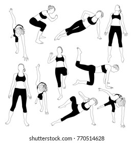 Set of vector sillhouettes of woman doing fitness work. Exercises for elastic buttocks. Girl icons isolated on white background.