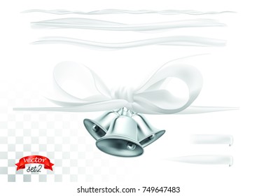 Set of vector silver Christmas bells, bows and white ribbon isolated on transparent background. Xmas sale decorative elements with vertical ribbons for page decoration, greeting card and web design