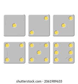 Set of vector silver dice with gold numbers in the form of screws in a cartoon style.