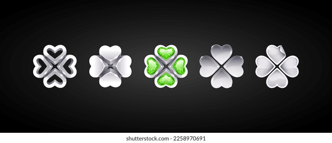 Set of Vector Silver Four-leaf Clovers for St. Patrick's Day Projects. Realistic icons collection.