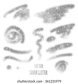 Set of vector Silver sparkles on white background. Silver glitter background. 