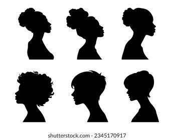 Set vector simple black silhouette of woman, side view, face and neck only. Female silhouette. Women's equality day. International Women's Day. Set of womens silhouettes isolated on white background