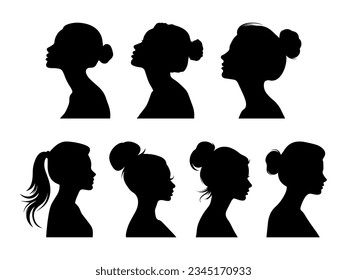 Set vector simple black silhouette of woman, side view, face and neck only. Female silhouette. Women's equality day. International Women's Day. Set of womens silhouettes isolated on white background