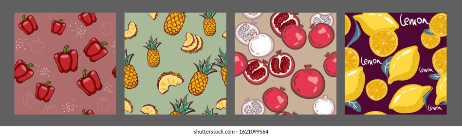 Set of vector simple colorful seamless patterns - different fruits. lemon, orange, pomegranate Vegetables background. Healthy eating Vector illustration