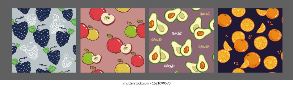 Set of vector simple colorful seamless patterns - different fruits. grapes, apple orange, avocado background. Healthy eating Vector illustration