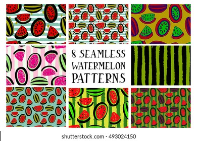Set of vector simple colorful seamless patterns - different fruits