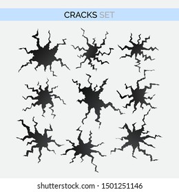 Set of vector simple cracks isolated on white. Various breaches. Vector illustration for your graphic design.