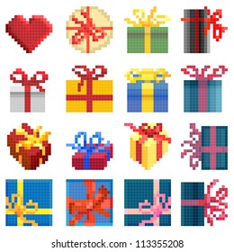 Set of vector simple different pixel presents box (computer graphic (16x16 cells)).