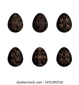 Set of vector simple Easter eggs. Easter eggs of dark brown color whith with traditional animal gold ornaments. Clip art of festive eggs. Printable for stickers and greeting cards or cardboard.