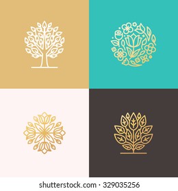 Set of vector simple and elegant logo design templates in trendy linear style- floral shops or studios, wedding florists, creators of custom floral arrangements, gardening businesses 