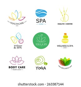 Set of vector simple flat logo elements isolated on white background. Wellness, yoga, spa, health and cosmetics emblem collection. Resort, wellness abstract zen symbol.