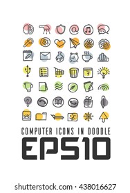 Set vector simple icon in Doodle style for business Internet marketing. Work and travel, office freelancing. Pictogram for gadget.