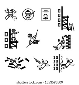 Set of vector simple icons on the topic of construction safety. Black and white symbols of builders, brick wall, scaffolding, electricity, etc.
