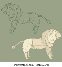 Set vector simple illustration paper origami and contour drawing of lion.