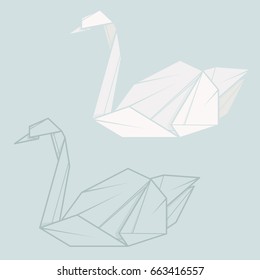 Set vector simple illustration paper origami and contour drawing of swan.