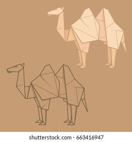 Set vector simple illustration paper origami and contour drawing of camel.
