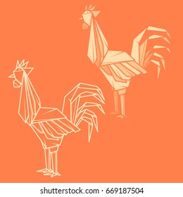 Set vector simple illustration paper origami and contour drawing of rooster.