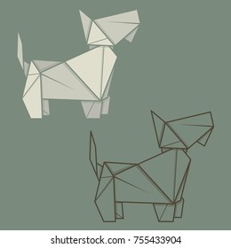 Set vector simple illustration paper origami and contour drawing of terrier.