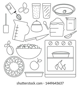 Set of vector simple line art icos illustrating the proccess og cooking apple or plum pie. Can be used as together as separate for logo design, stickers, kitchen decoration, cooking book.