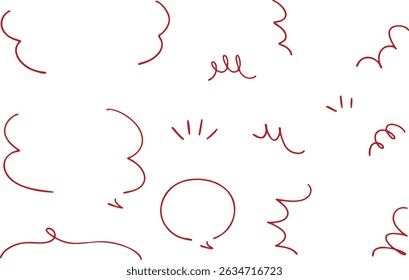 A set of vector simple line hand drawn speech bubbles and comic symbols in red color