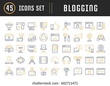 Set vector simple line icons, sign and symbols in flat design blogging, marketing and business with elements for mobile concepts and web apps. Collection modern infographic logo and pictogram.