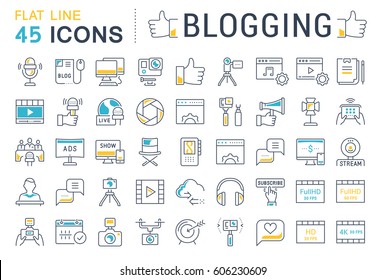 Set vector simple line icons, sign and symbols in flat design blogging, marketing and business with elements for mobile concepts and web apps. Collection modern infographic logo and pictogram.