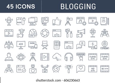 Set vector simple line icons, sign and symbols in flat design blogging, marketing and business with elements for mobile concepts and web apps. Collection modern infographic logo and pictogram.