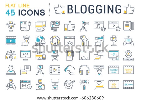 Set vector simple line icons, sign and symbols in flat design blogging, marketing and business with elements for mobile concepts and web apps. Collection modern infographic logo and pictogram.