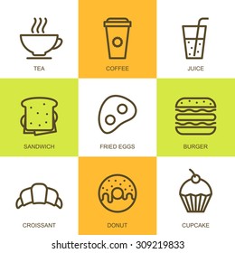 Set of vector simple linear food illustration. Breakfast icons, tea, coffee, juice, sandwich, fried egg, burger, croissant, donut, cupcake. Concept for breakfast menu, bar, cafe, restaurant.

