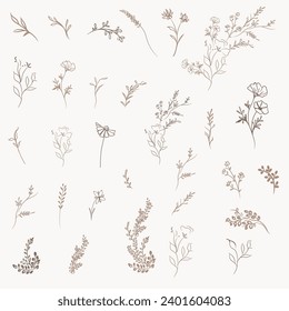 Set of vector simple  lined  florals for design