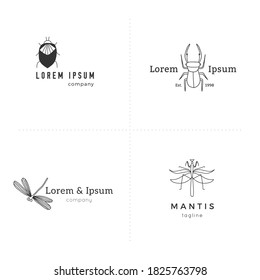 Set of vector simple logo templates. Hand drawn insect icons. Bugs and beetles. Mantis and dragonfly. For branding and business identity.