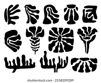 Set of vector simple minimal illustrations, simple wavy and groovy in groove style. Hand drawn naive style, flowers and plants, floral botanical design templates and modern wall prints, posters.