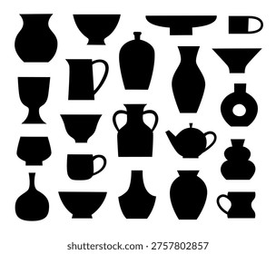 Set of vector simple silhouettes of pottery and ceramic cups, vases, mugs, bowls and jars, pottery studio design elements, black outline shapes