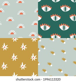 Set of vector simple and stylish seamless patterns. Abstract and geometrical repeated design. Flowers, sun, eyes and comets. Stylized contemporary backdrop.