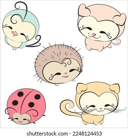 A set of vector simple stylized cute kind funny smiling characters of cartoon animals in pastel colors: a bird, a puppy, a hedgehog, a ladybug, and a kitten.