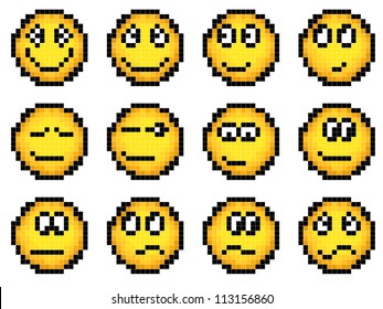 Set of vector simple yellow pixel smiley (computer graphic(16x16 cells))(pleasure, disappointment, chagrin, grin, approval) part 1.