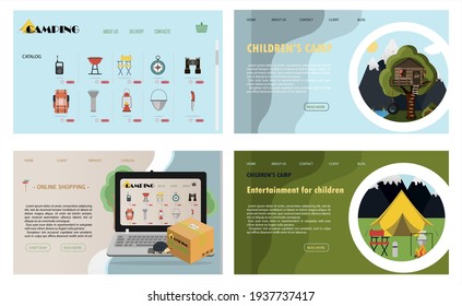 A set of vector site pages for camping, health camps and tourism. Flat illustration of the main page of the mobile app, online store. Banners for a website, ad, laptop or smartphone.