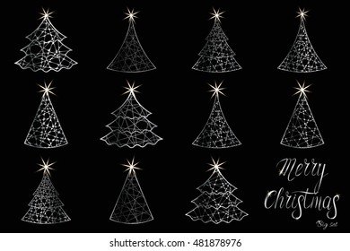 set of vector siver stylized Christmas tree. Happy new year greeting card, flyer