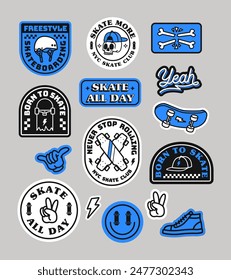 Set of vector skateboard badges, including lightning, peace hand sign, hat, shoes, skull, hat, helmet and skateboard.