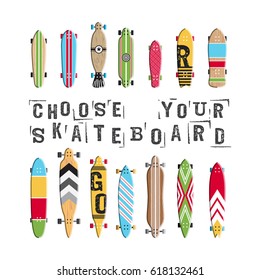 Set vector skateboard and longboard collection. Icon skate in flat style.