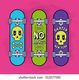 Set of vector skateboard with skull and inscriptions
