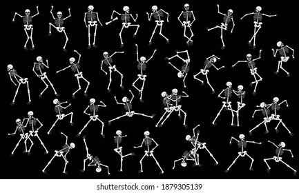 Set of vector skeletons, white silhouettes isolated on black background. Icons set