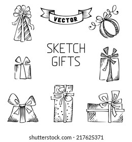 Set of vector sketch gifts. Hand drawn elements for your festive design. 