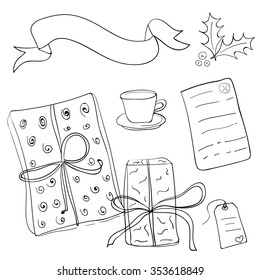 Set of vector sketch gifts. Hand drawn elements for your festive design. Christmas gifts.